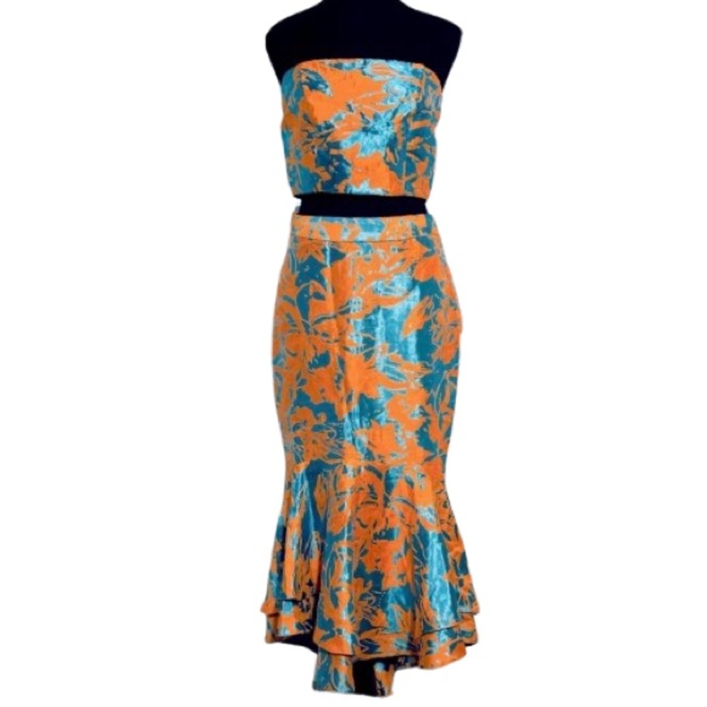 NWT River Island 2-Piece Skirt & Top Set Tropical Floral Crop Aqua Blue orange
